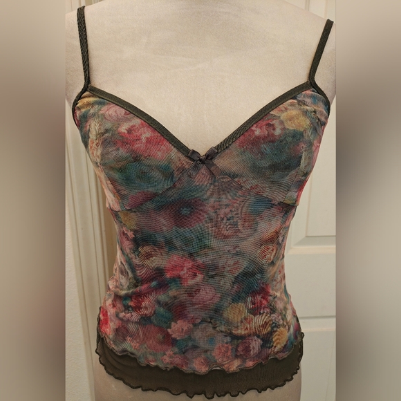 No Boundaries Tops - Y2K No Boundaries Semi Sheer Floral Mesh Lace Cami Top.